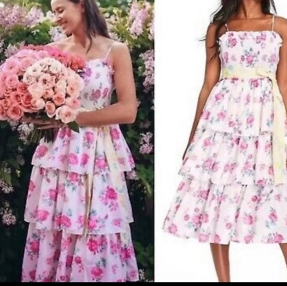 LoveShackFancy Pink Floral Midi Dress - Picture 1 of 8